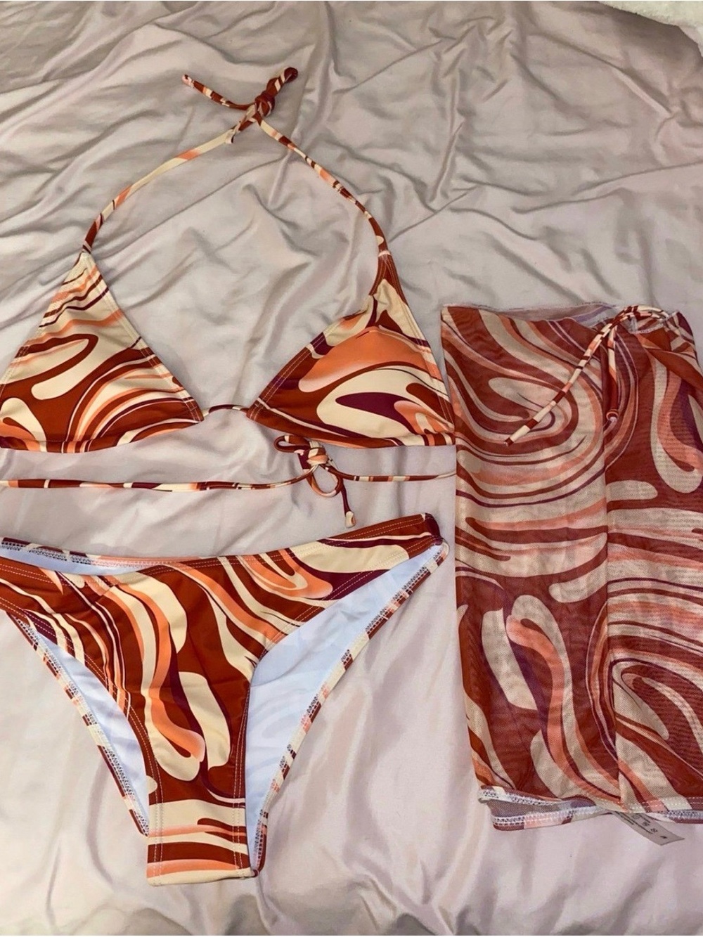 SHEIN Brown Cream Swirl Print Bikini Set with Sarong